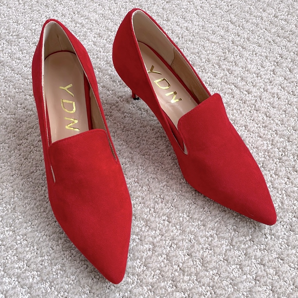 Red faux suede pointed toe heels